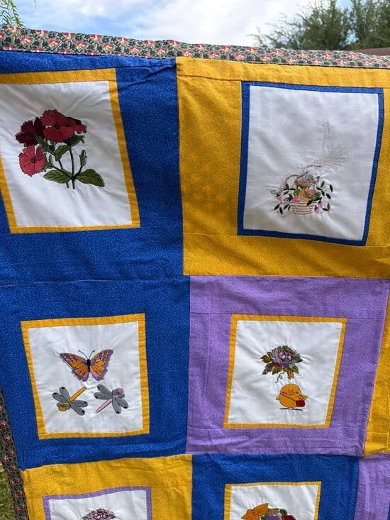 Vintage Hand Embroidered Quilt Throw Floral Butterfly Patchwork 47 x 45 - Picture 3 of 13